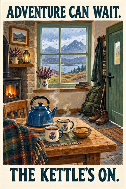 Adventure Can Wait. The Kettle's On – Nae Chance Scottish humour poster